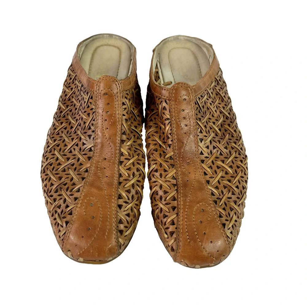Pikolinos Shoes Womens 8 Mules Romana Brown Weave Leather Laser Cut